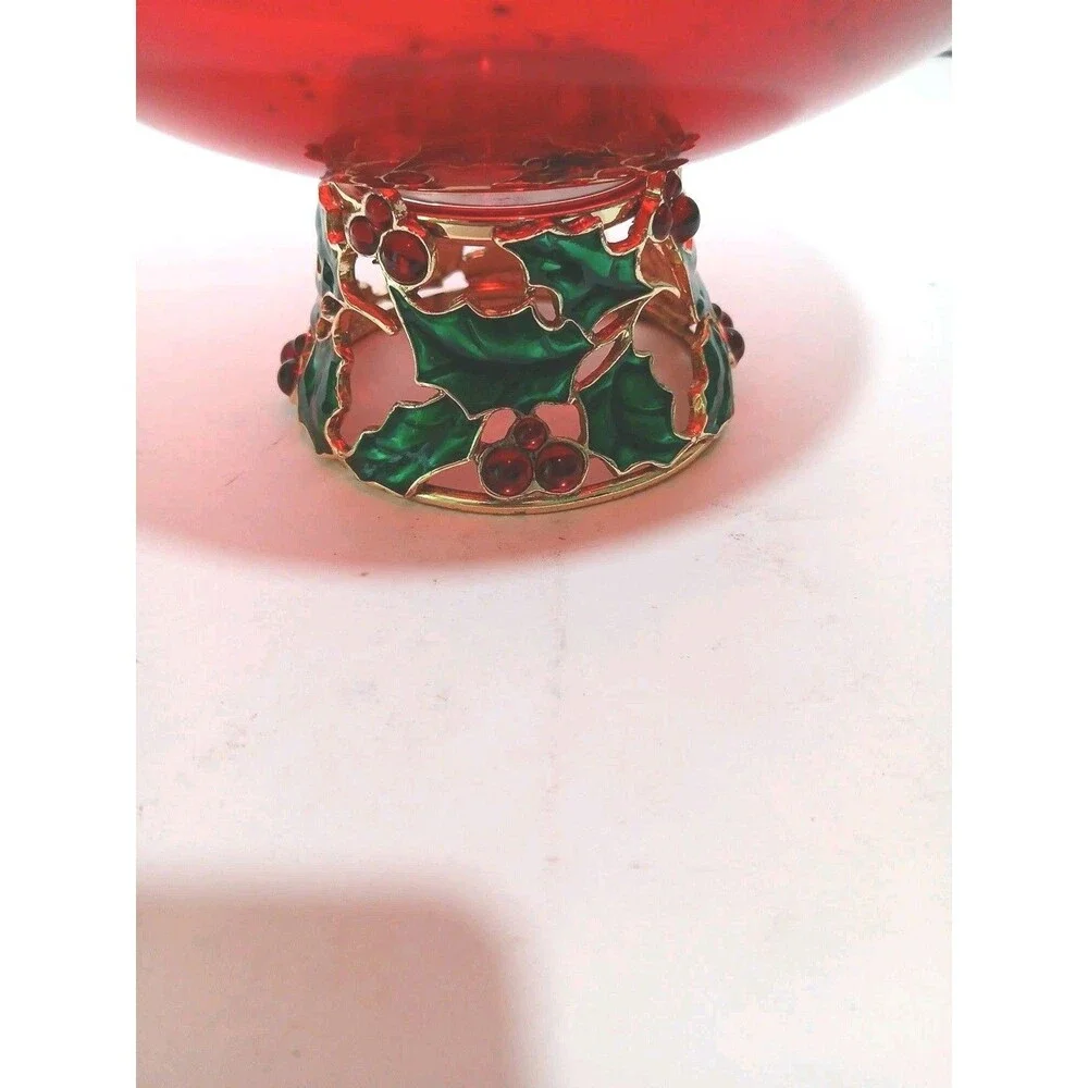 Teleflora Christmas Centerpiece Bowl Vase Red Glass Enameled Holly Berry Holiday